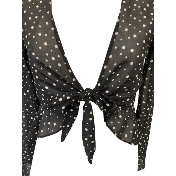 NWT-Urbsn Outfitters Polka Dot Sheer Black Long Sleeve Tie-Front Blouse - Picture 4 of 5